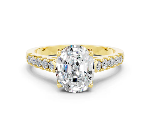 Yellow gold {shape_name} Moissanite Solitaire Ring with Pavé Band and Four-Prong Setting
