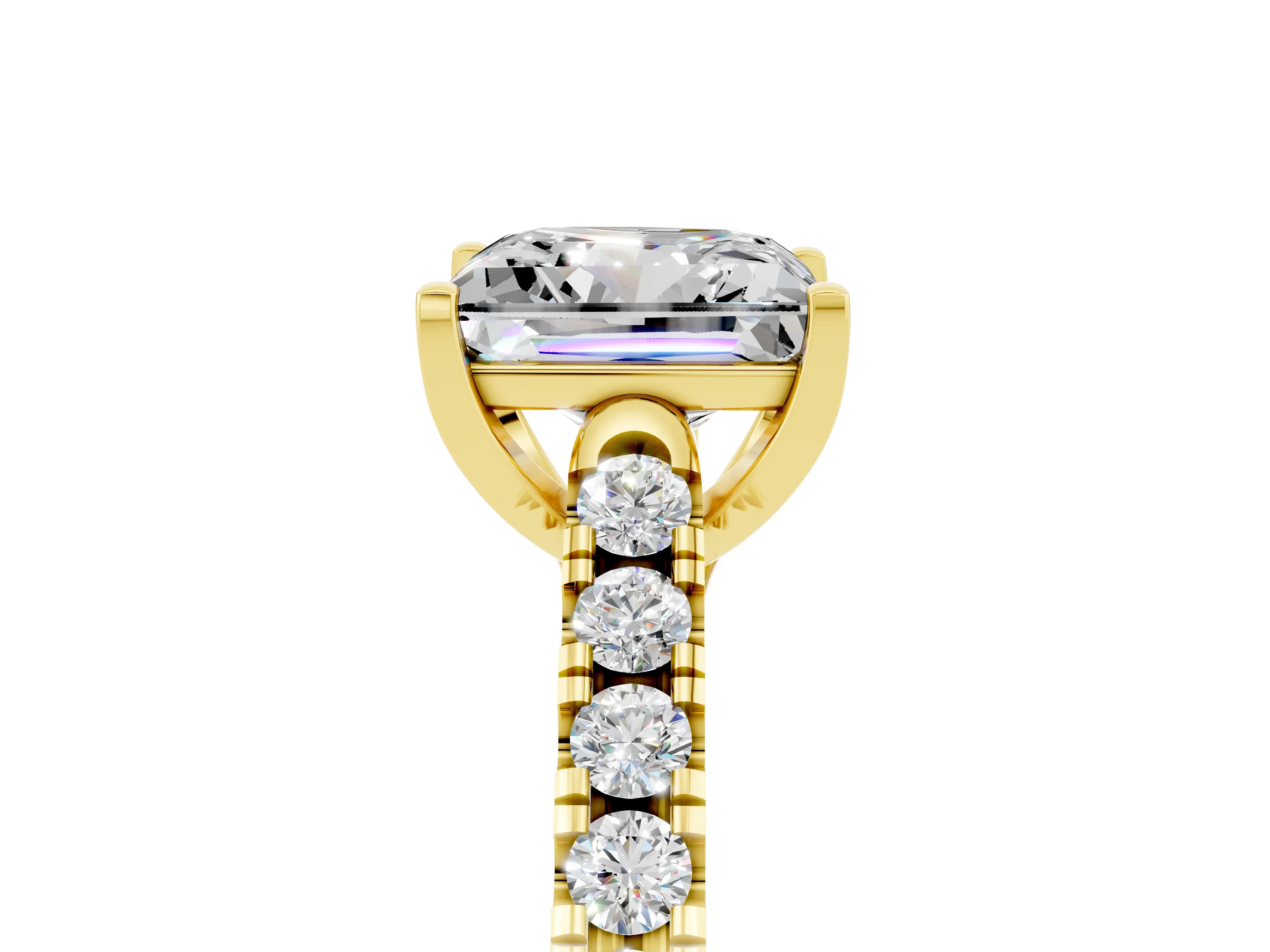 Yellow gold {shape_name} Moissanite Solitaire Ring with Pavé Band and Four-Prong Setting_5