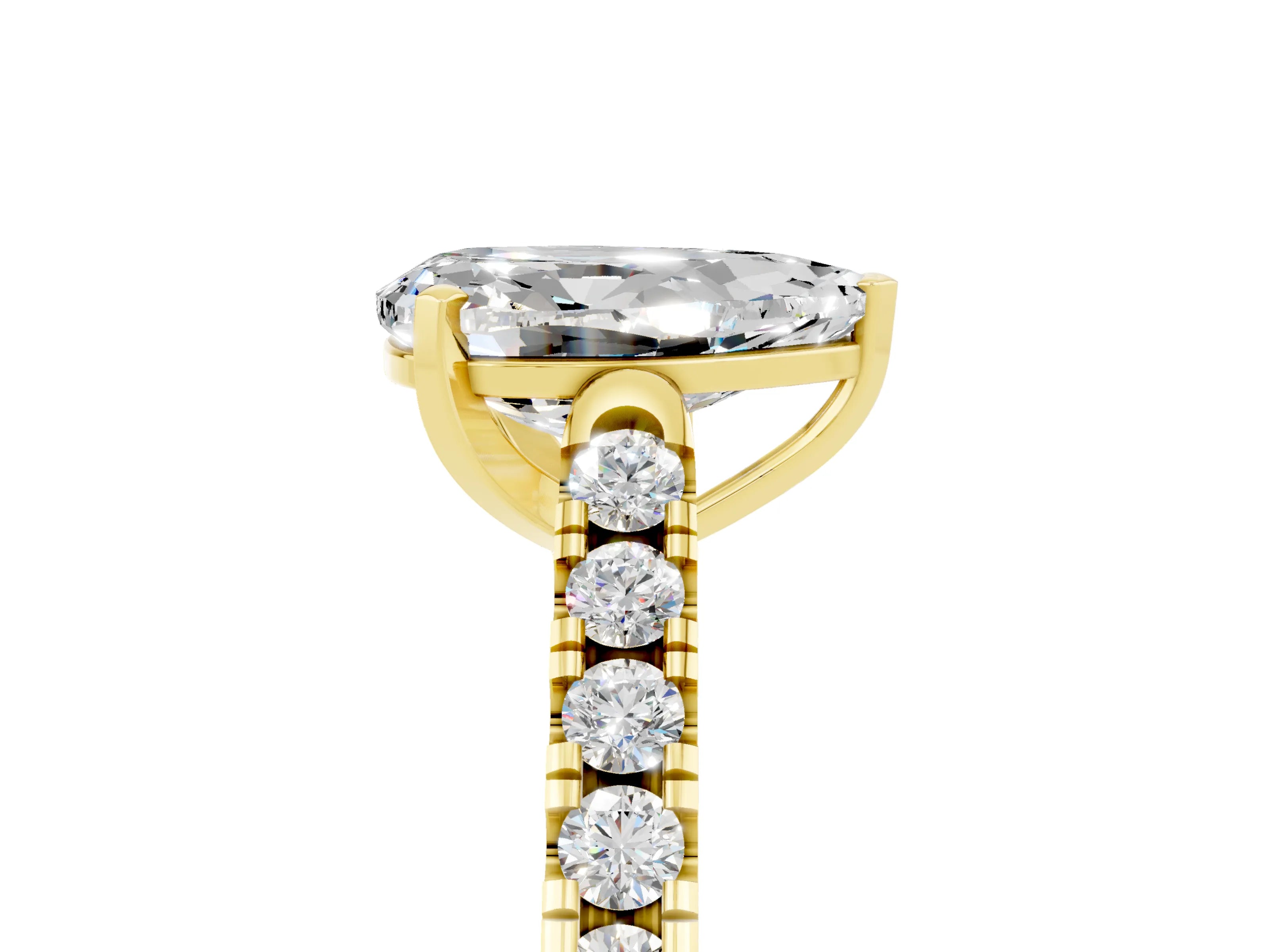 Yellow gold {shape_name} Moissanite Solitaire Ring with Pavé Band and Four-Prong Setting_5