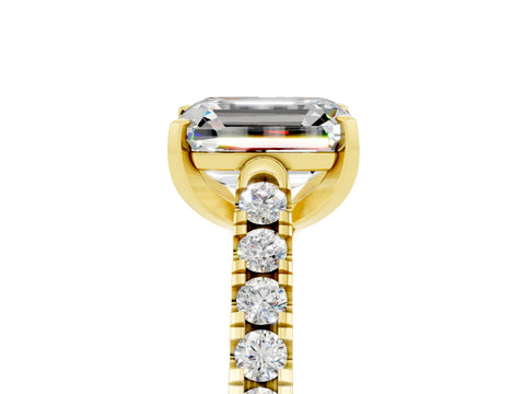 Yellow gold {shape_name} Moissanite Solitaire Ring with Pavé Band and Four-Prong Setting_5