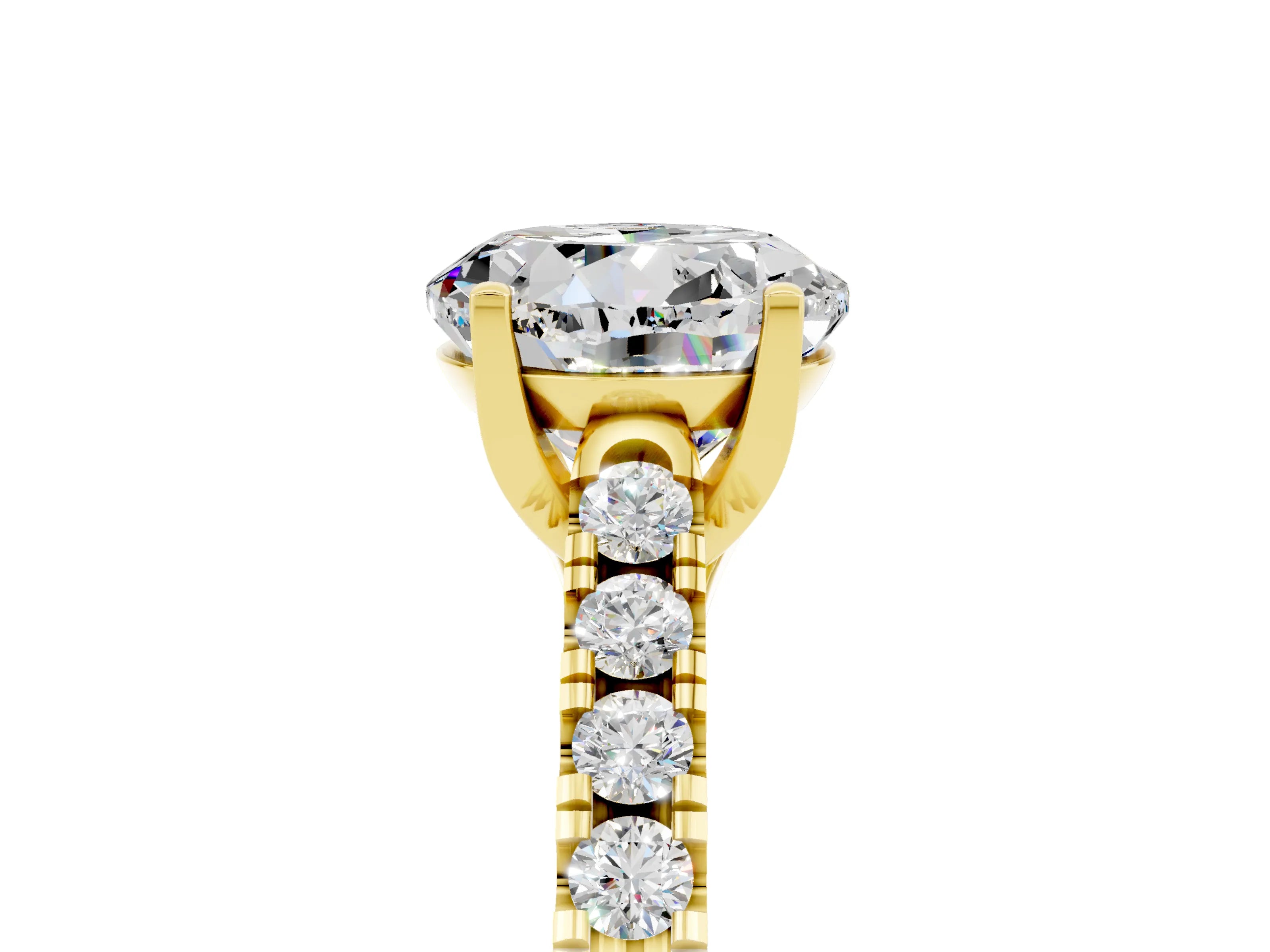 Yellow gold {shape_name} Moissanite Solitaire Ring with Pavé Band and Four-Prong Setting_5