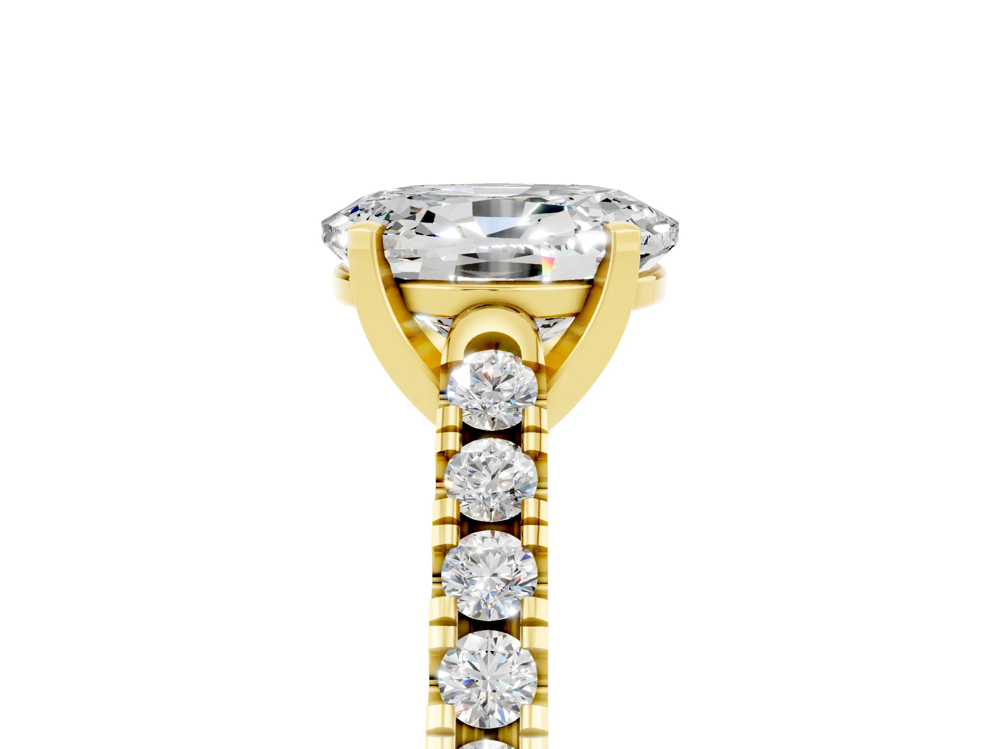 Yellow gold {shape_name} Moissanite Solitaire Ring with Pavé Band and Four-Prong Setting_5