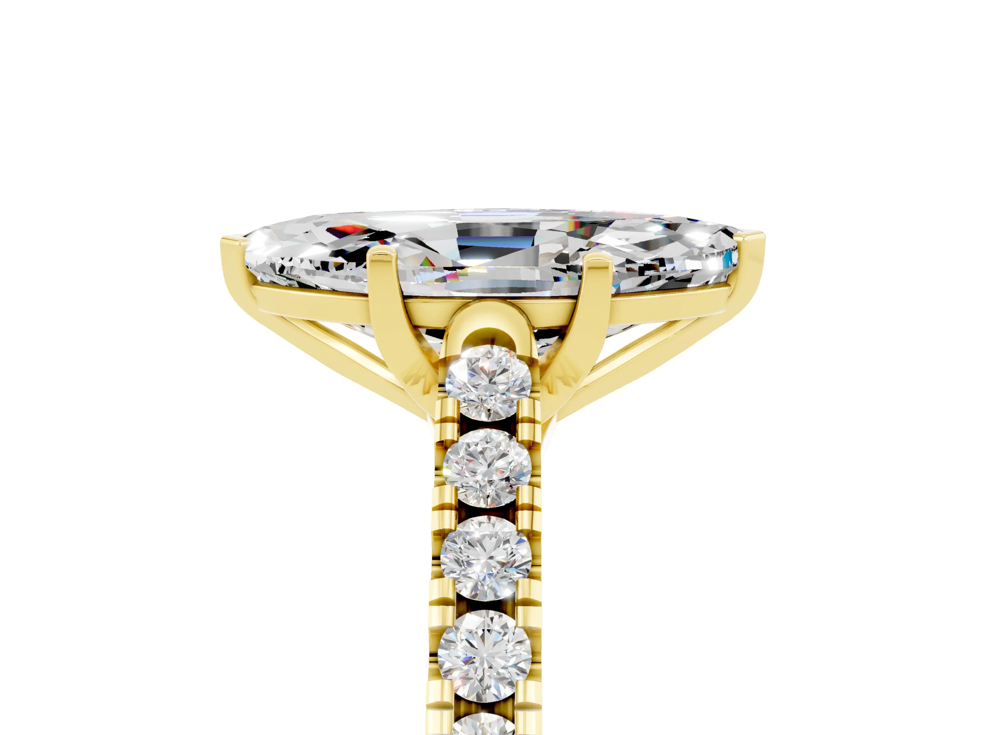 Yellow gold {shape_name} Moissanite Solitaire Ring with Pavé Band and Four-Prong Setting_5