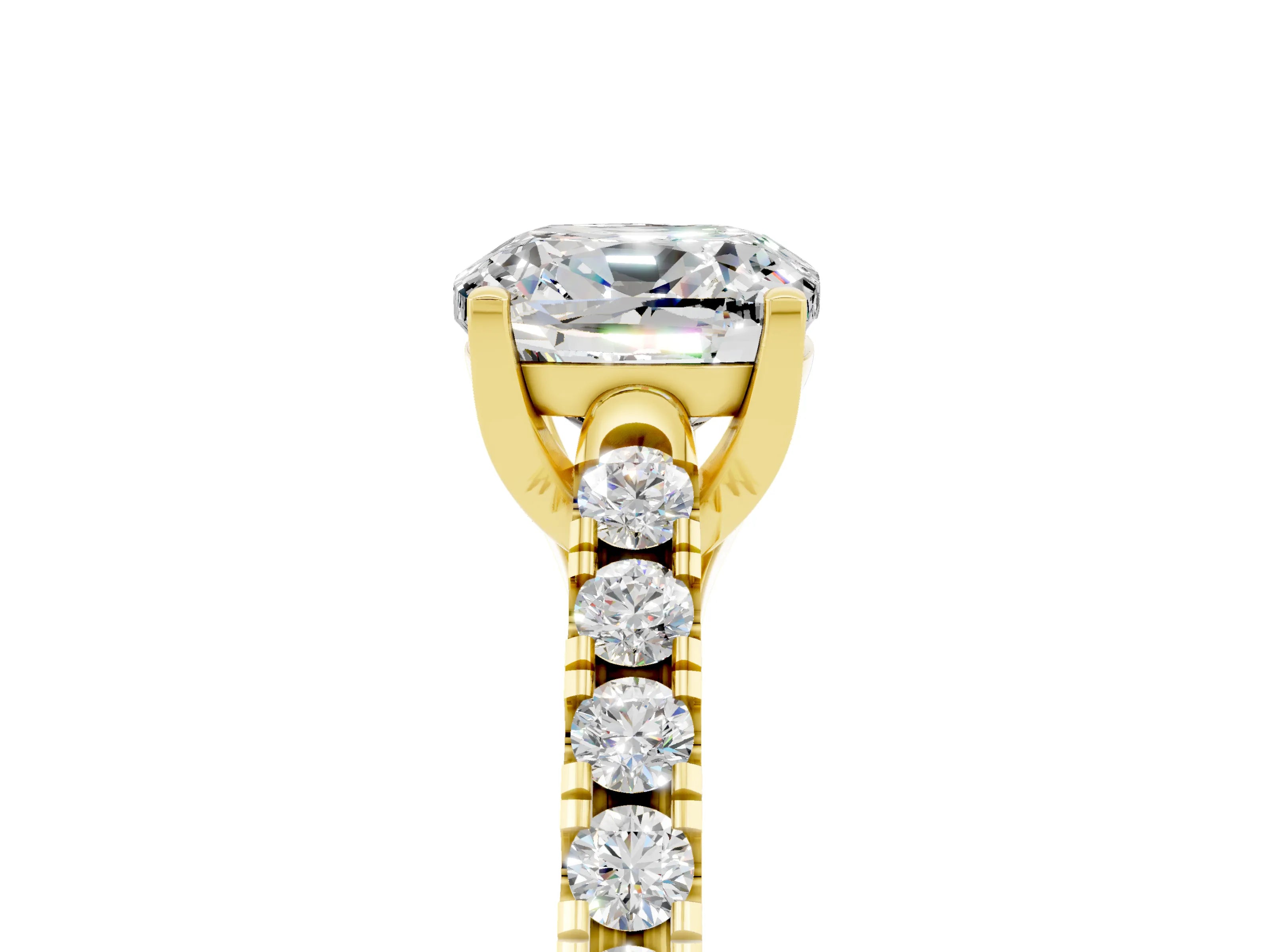 Yellow gold {shape_name} Moissanite Solitaire Ring with Pavé Band and Four-Prong Setting_5