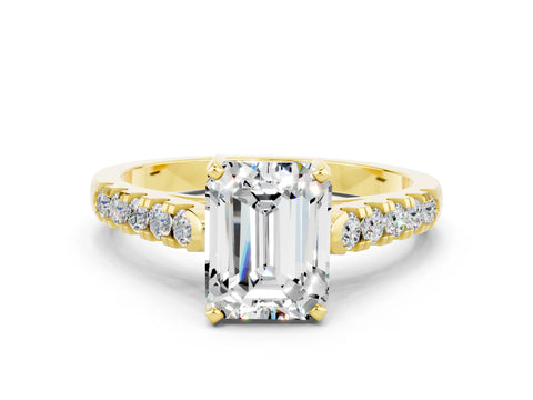 Yellow gold {shape_name} Moissanite Solitaire Ring with Pavé Band and Four-Prong Setting