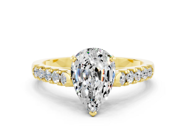Yellow gold Pear Cut Moissanite Pavé Band Solitaire Ring with Prong Setting