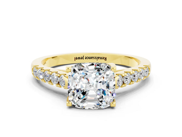 Yellow gold Cushion Cut Moissanite Pavé Band Solitaire Ring with Prong Setting