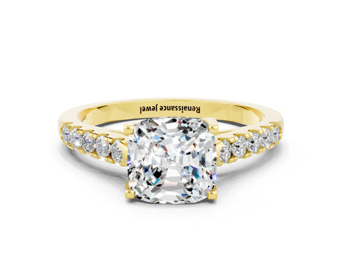 Yellow gold {shape_name} Moissanite Solitaire Ring with Pavé Band and Four-Prong Setting