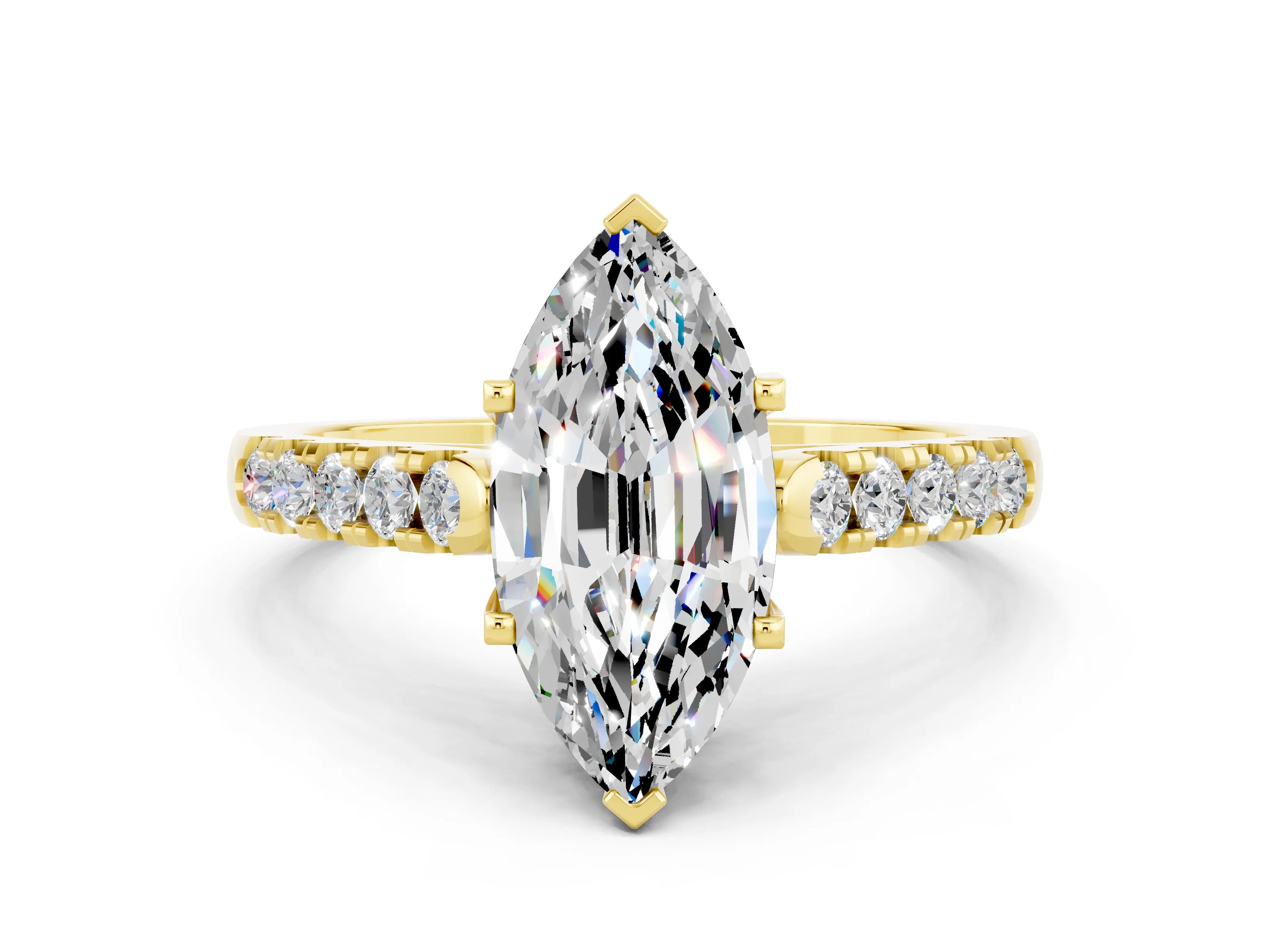 Yellow gold {shape_name} Moissanite Solitaire Ring with Pavé Band and Four-Prong Setting