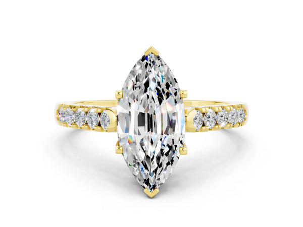 Yellow gold Marquise Cut Moissanite Pavé Band Solitaire Ring with Prong Setting