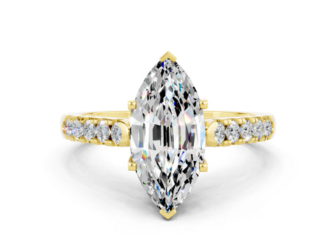 Yellow gold {shape_name} Moissanite Solitaire Ring with Pavé Band and Four-Prong Setting