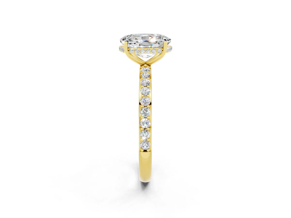Yellow gold Oval Cut Moissanite Solitaire Ring with Pavé Band and Hidden Halo