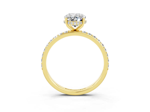 Yellow gold Oval Cut Moissanite Solitaire Ring with Pavé Band and Hidden Halo