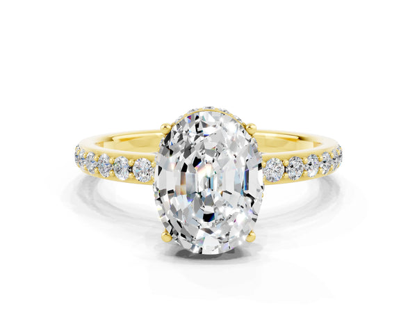 Yellow gold Oval Cut Moissanite Solitaire Ring with Pavé Band and Hidden Halo