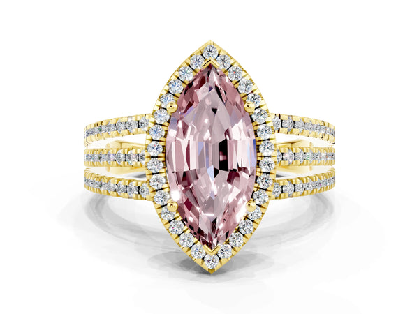 Yellow gold Marquise Cut Morganite Halo Engagement Ring with Split Shank and Four-Prong Setting