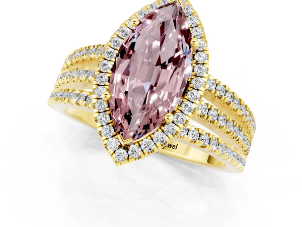 Yellow gold Marquise Cut Morganite Halo Engagement Ring with Split Shank and Four-Prong Setting
