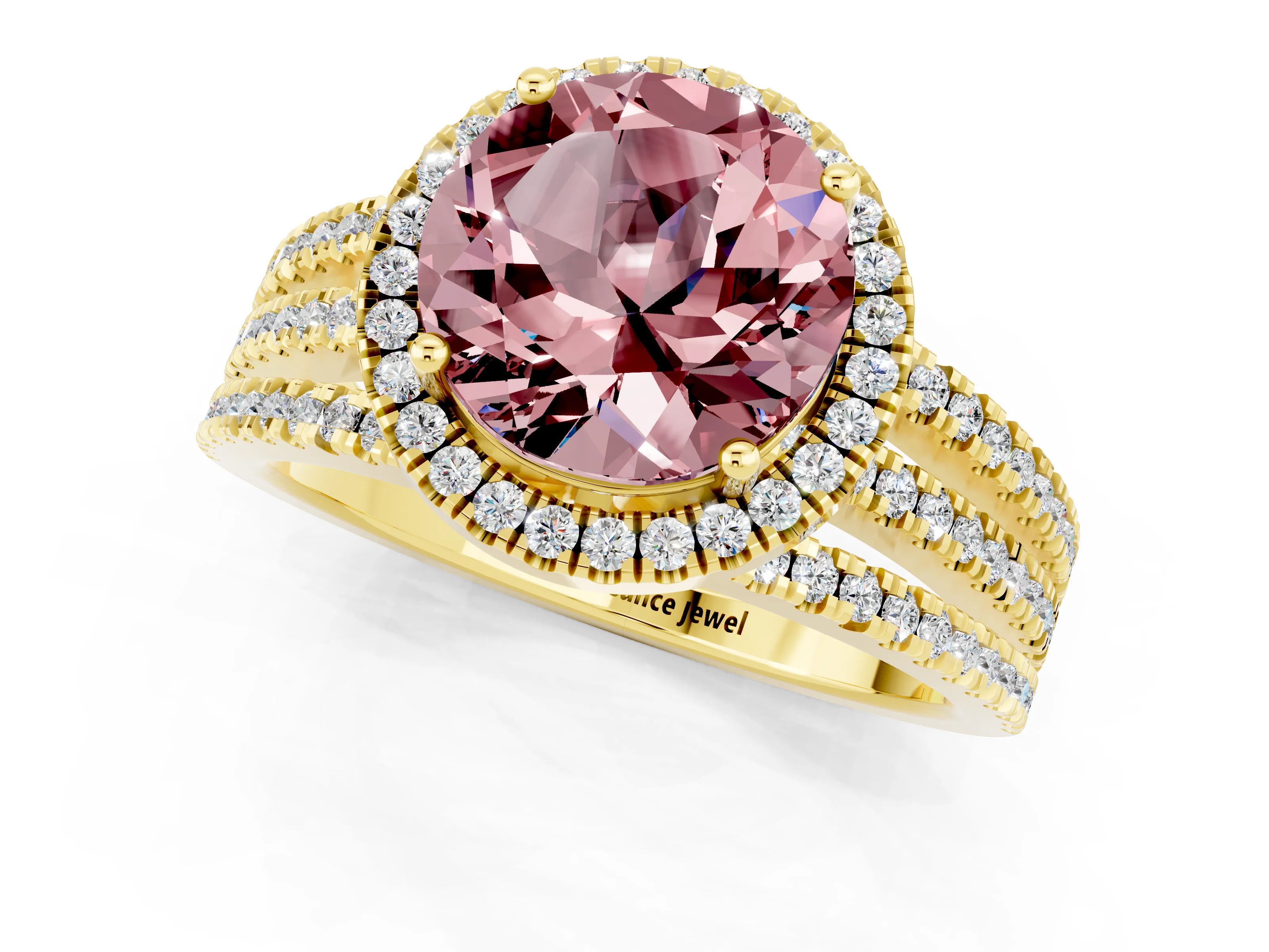 Yellow gold {shape_name} Morganite Halo Engagement Ring with Split Shank and Four-Prong Setting_1