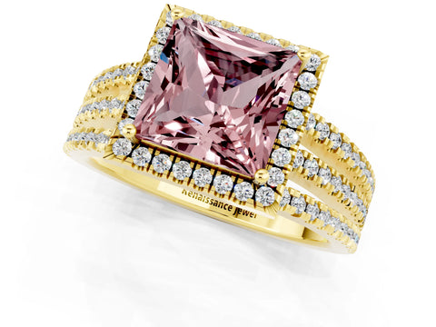 Yellow gold {shape_name} Morganite Halo Engagement Ring with Split Shank and Four-Prong Setting_1