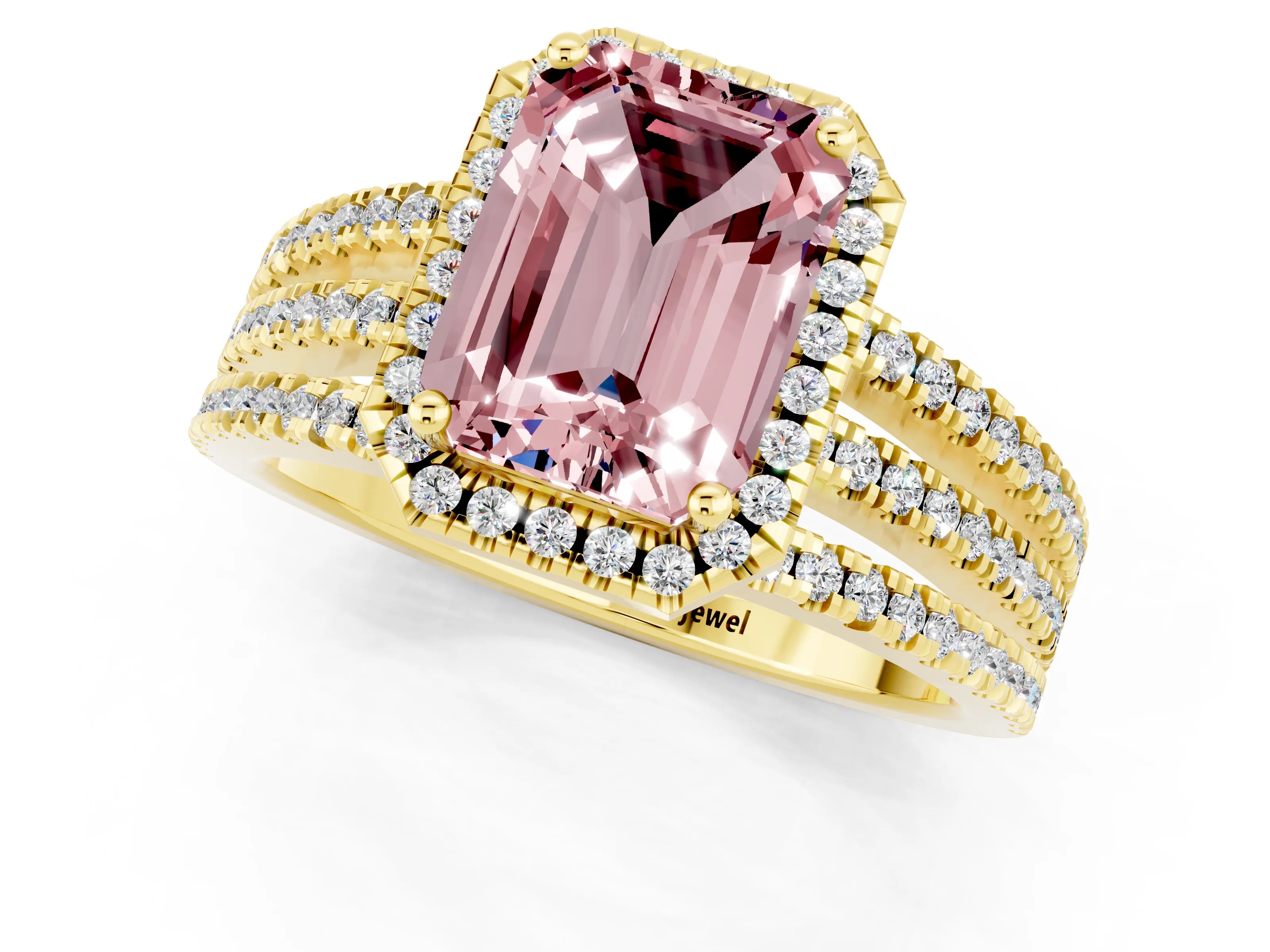 Yellow gold {shape_name} Morganite Halo Engagement Ring with Split Shank and Four-Prong Setting_1