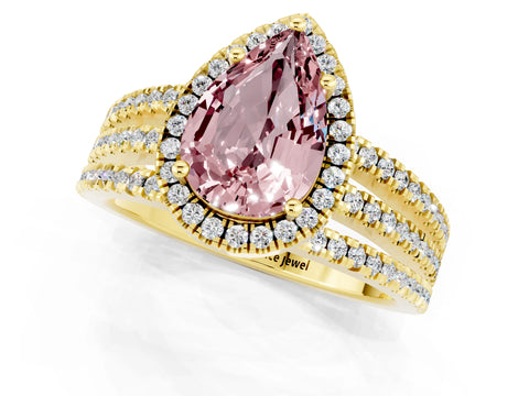 Yellow gold {shape_name} Morganite Halo Engagement Ring with Split Shank and Four-Prong Setting_1