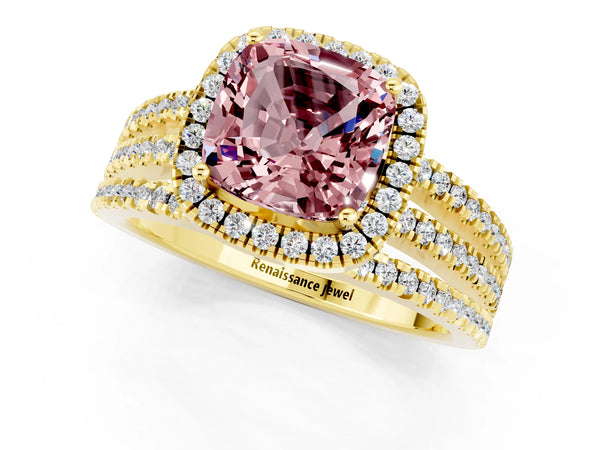 Yellow gold Cushion Cut Morganite Halo Engagement Ring with Split Shank and Four-Prong Setting