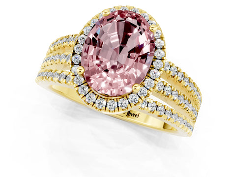 Yellow gold {shape_name} Morganite Halo Engagement Ring with Split Shank and Four-Prong Setting_1