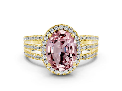 Yellow gold {shape_name} Morganite Halo Engagement Ring with Split Shank and Four-Prong Setting