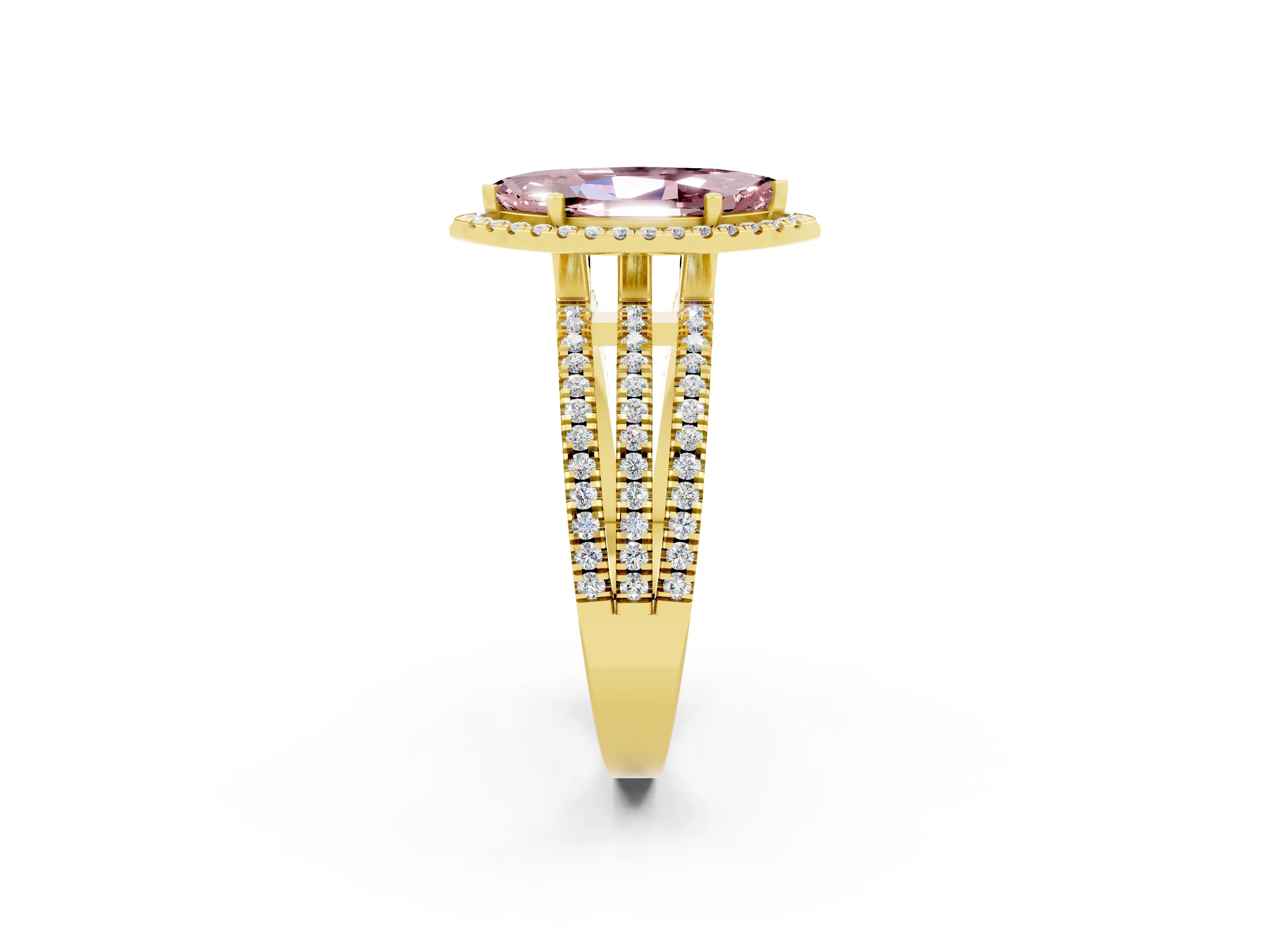 Yellow gold {shape_name} Morganite Halo Engagement Ring with Split Shank and Four-Prong Setting_2