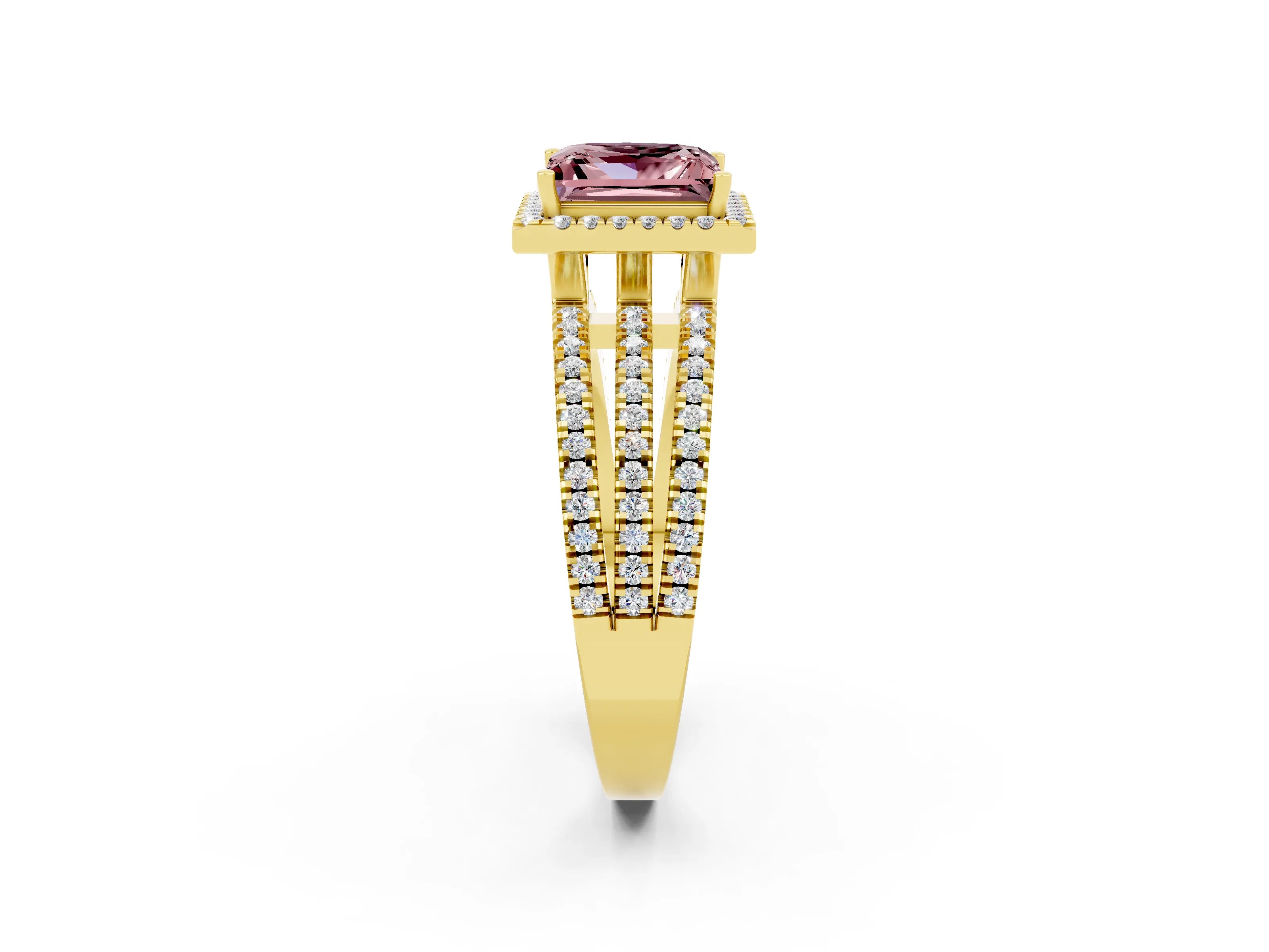 Yellow gold {shape_name} Morganite Halo Engagement Ring with Split Shank and Four-Prong Setting_2