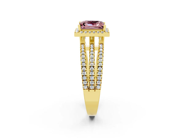 Yellow gold Princess Cut Morganite Halo Engagement Ring with Split Shank and Four-Prong Setting