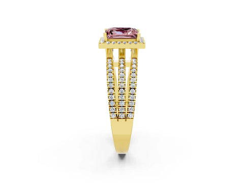 Yellow gold {shape_name} Morganite Halo Engagement Ring with Split Shank and Four-Prong Setting_2