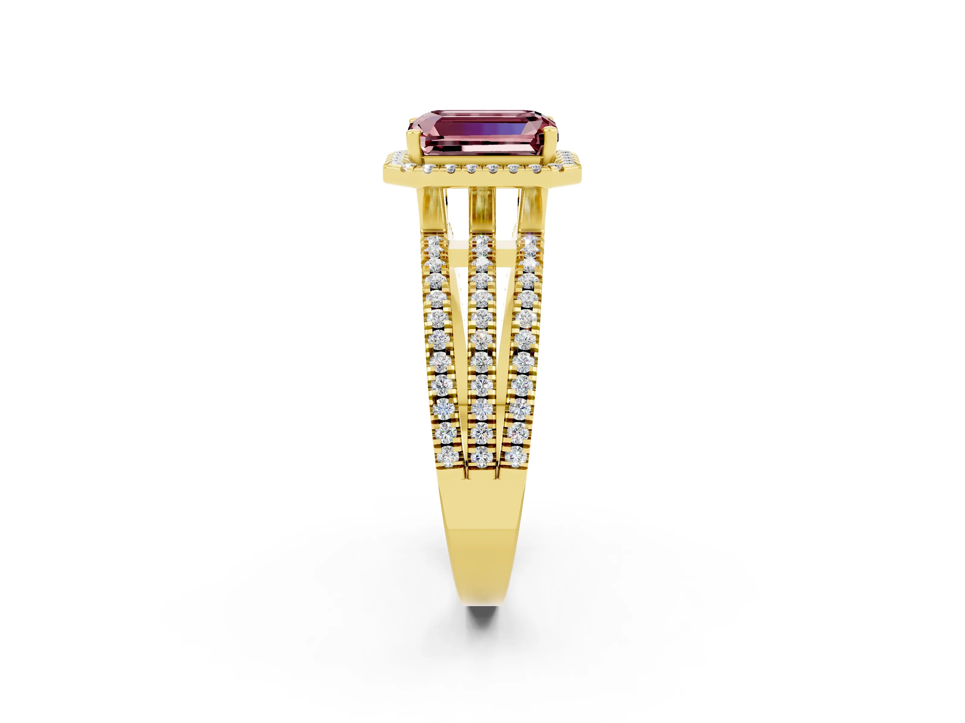 Yellow gold {shape_name} Morganite Halo Engagement Ring with Split Shank and Four-Prong Setting_2