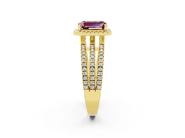 Yellow gold Emerald Cut Morganite Halo Engagement Ring with Split Shank and Four-Prong Setting