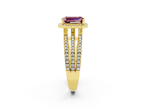 Yellow gold {shape_name} Morganite Halo Engagement Ring with Split Shank and Four-Prong Setting_2