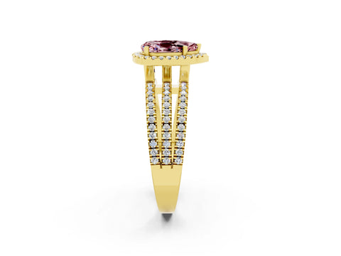Yellow gold {shape_name} Morganite Halo Engagement Ring with Split Shank and Four-Prong Setting_2