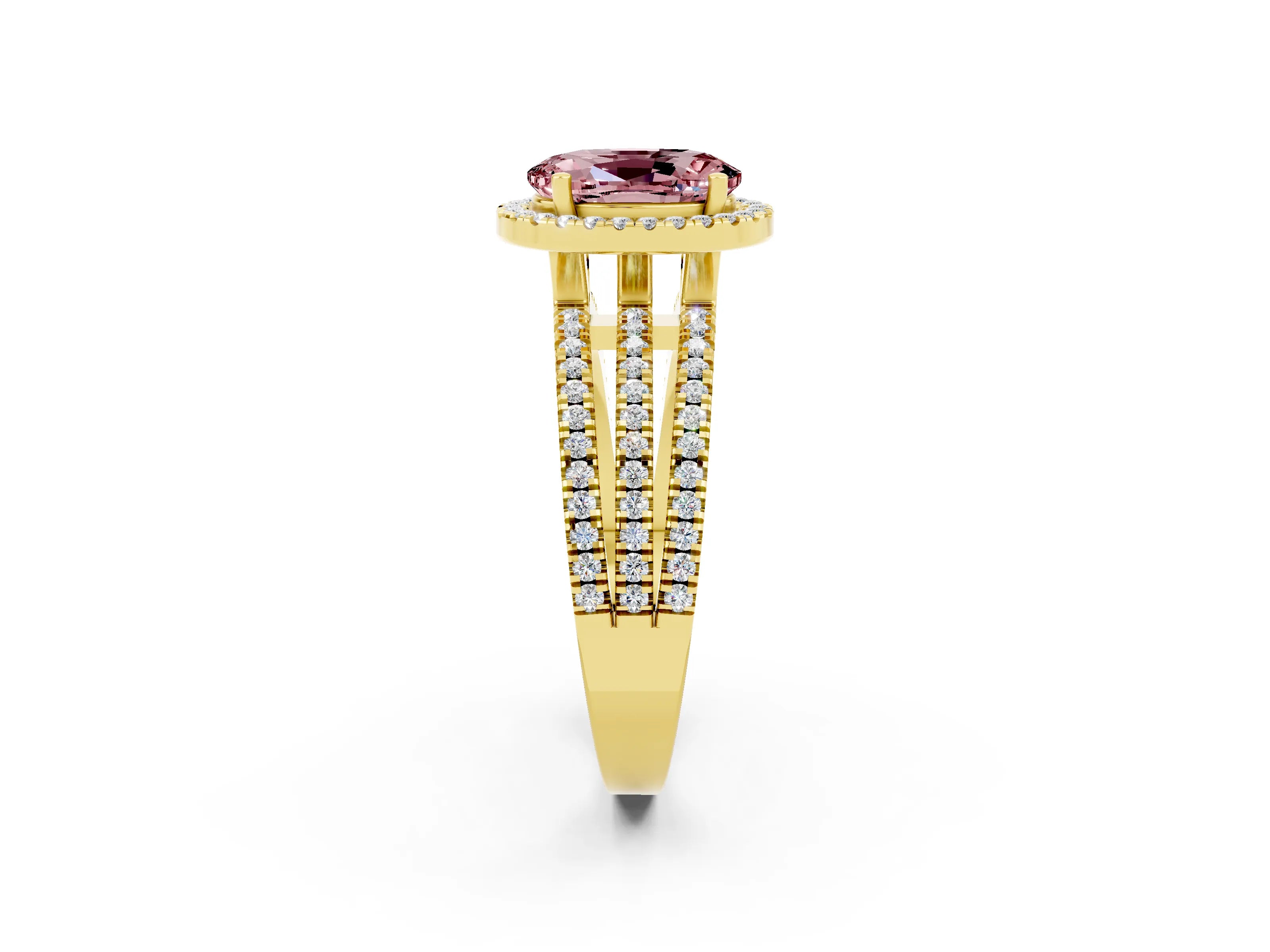 Yellow gold {shape_name} Morganite Halo Engagement Ring with Split Shank and Four-Prong Setting_2