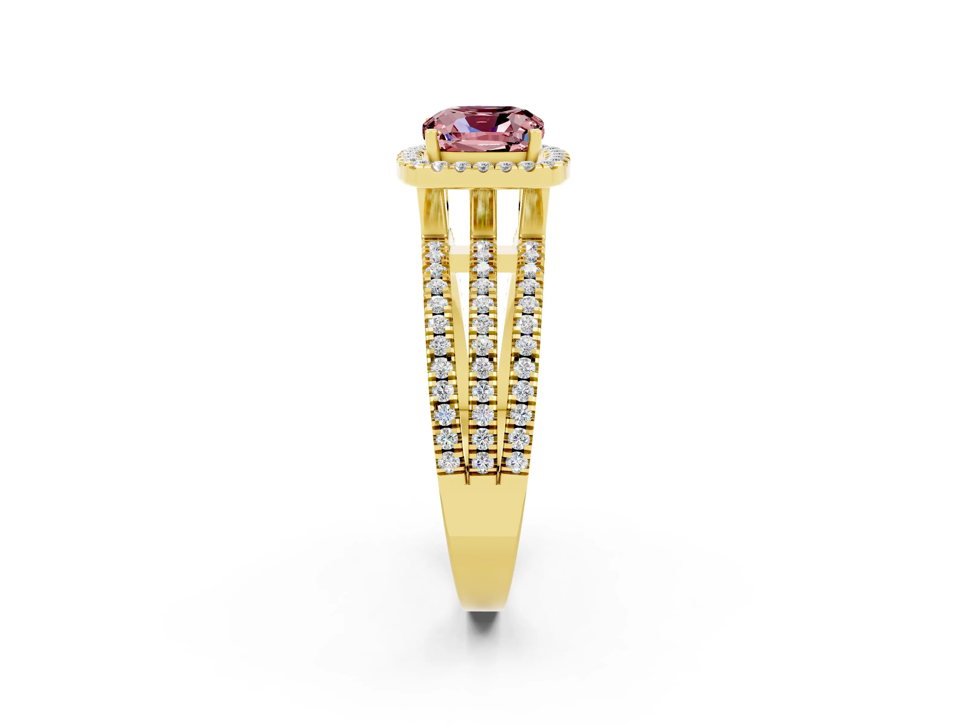 Yellow gold {shape_name} Morganite Halo Engagement Ring with Split Shank and Four-Prong Setting_2
