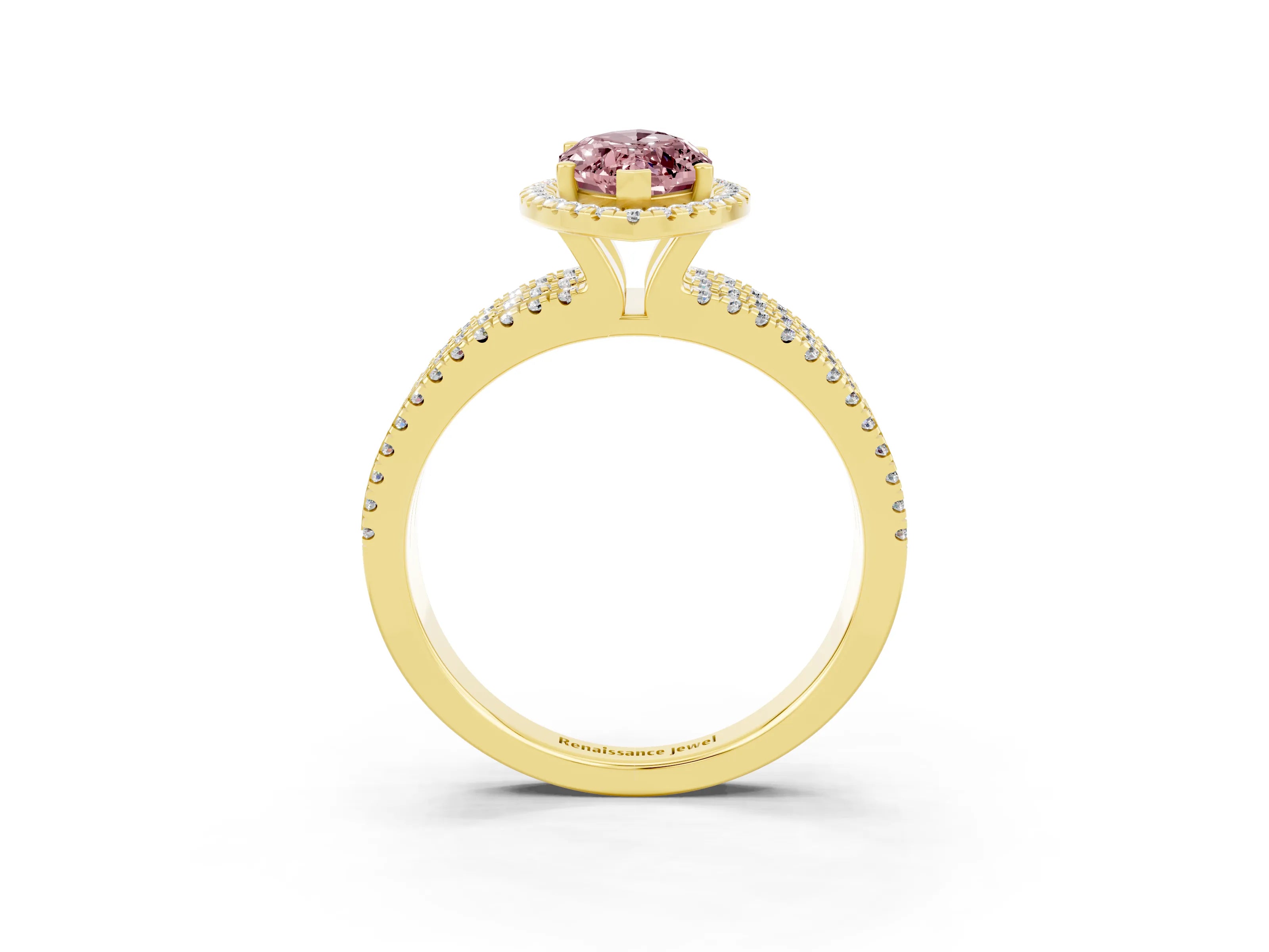 Yellow gold {shape_name} Morganite Halo Engagement Ring with Split Shank and Four-Prong Setting_3