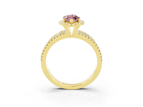 Yellow gold Marquise Cut Morganite Halo Engagement Ring with Split Shank and Four-Prong Setting