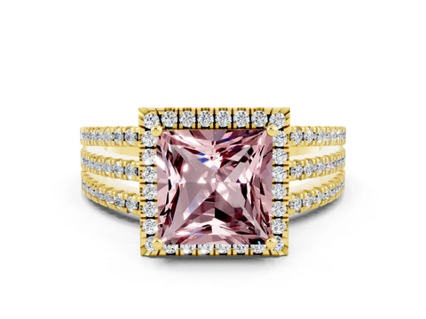 Yellow gold {shape_name} Morganite Halo Engagement Ring with Split Shank and Four-Prong Setting