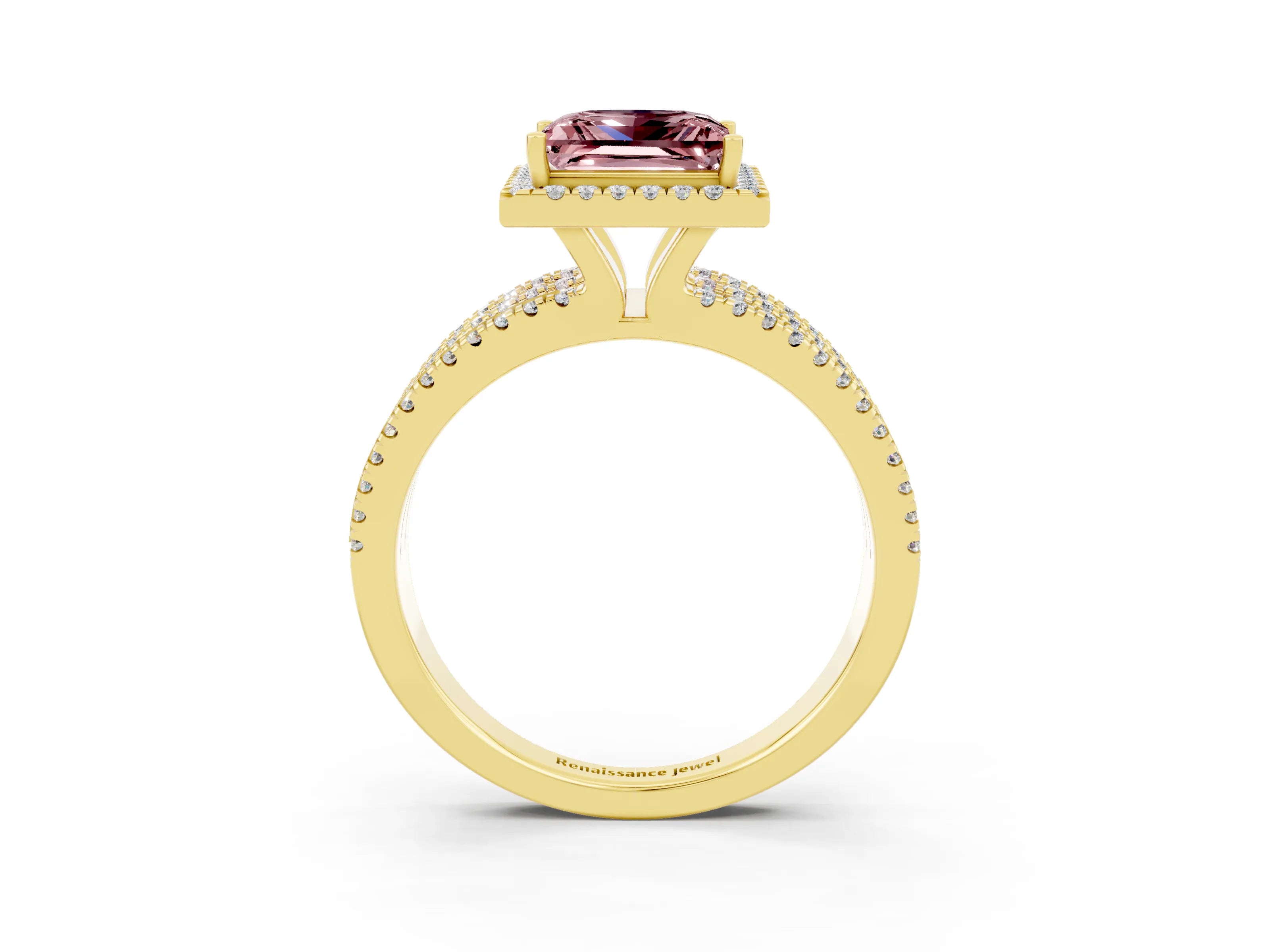 Yellow gold {shape_name} Morganite Halo Engagement Ring with Split Shank and Four-Prong Setting_3