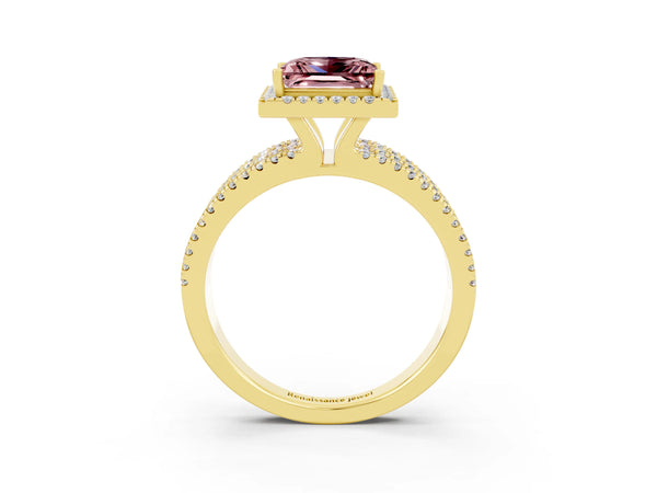 Yellow gold Princess Cut Morganite Halo Engagement Ring with Split Shank and Four-Prong Setting