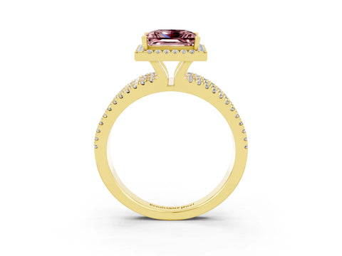 Yellow gold {shape_name} Morganite Halo Engagement Ring with Split Shank and Four-Prong Setting_3