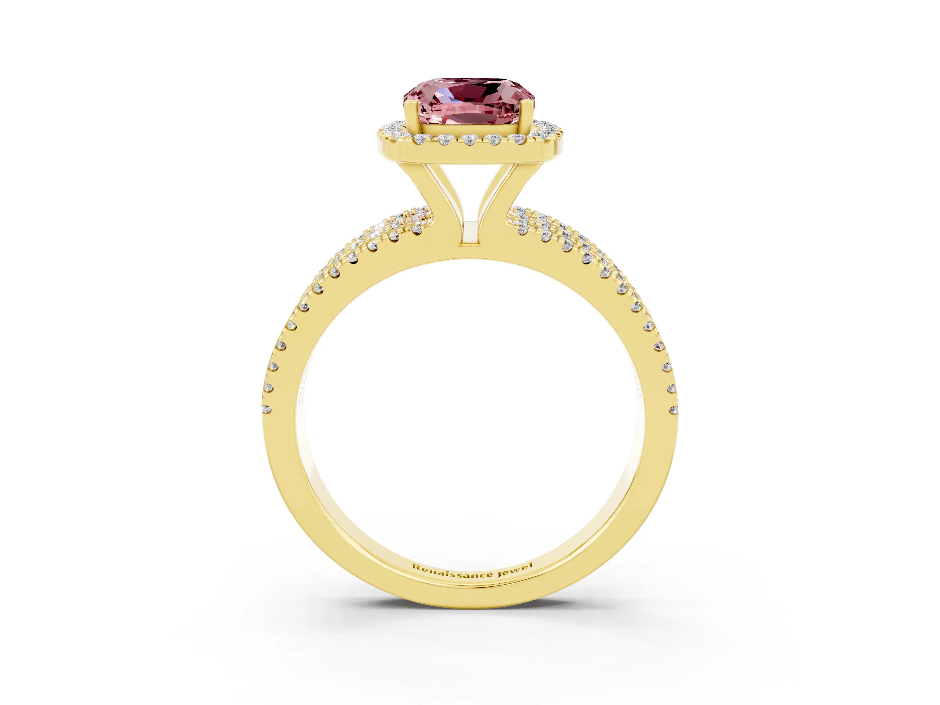 Yellow gold {shape_name} Morganite Halo Engagement Ring with Split Shank and Four-Prong Setting_3