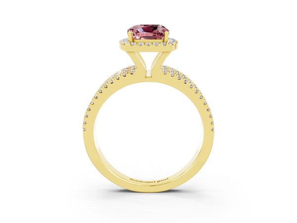 Yellow gold Cushion Cut Morganite Halo Engagement Ring with Split Shank and Four-Prong Setting