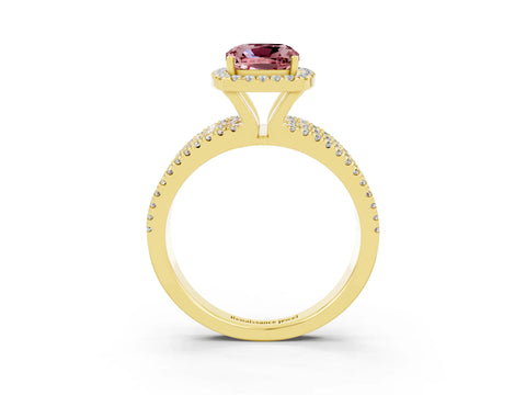 Yellow gold {shape_name} Morganite Halo Engagement Ring with Split Shank and Four-Prong Setting_3