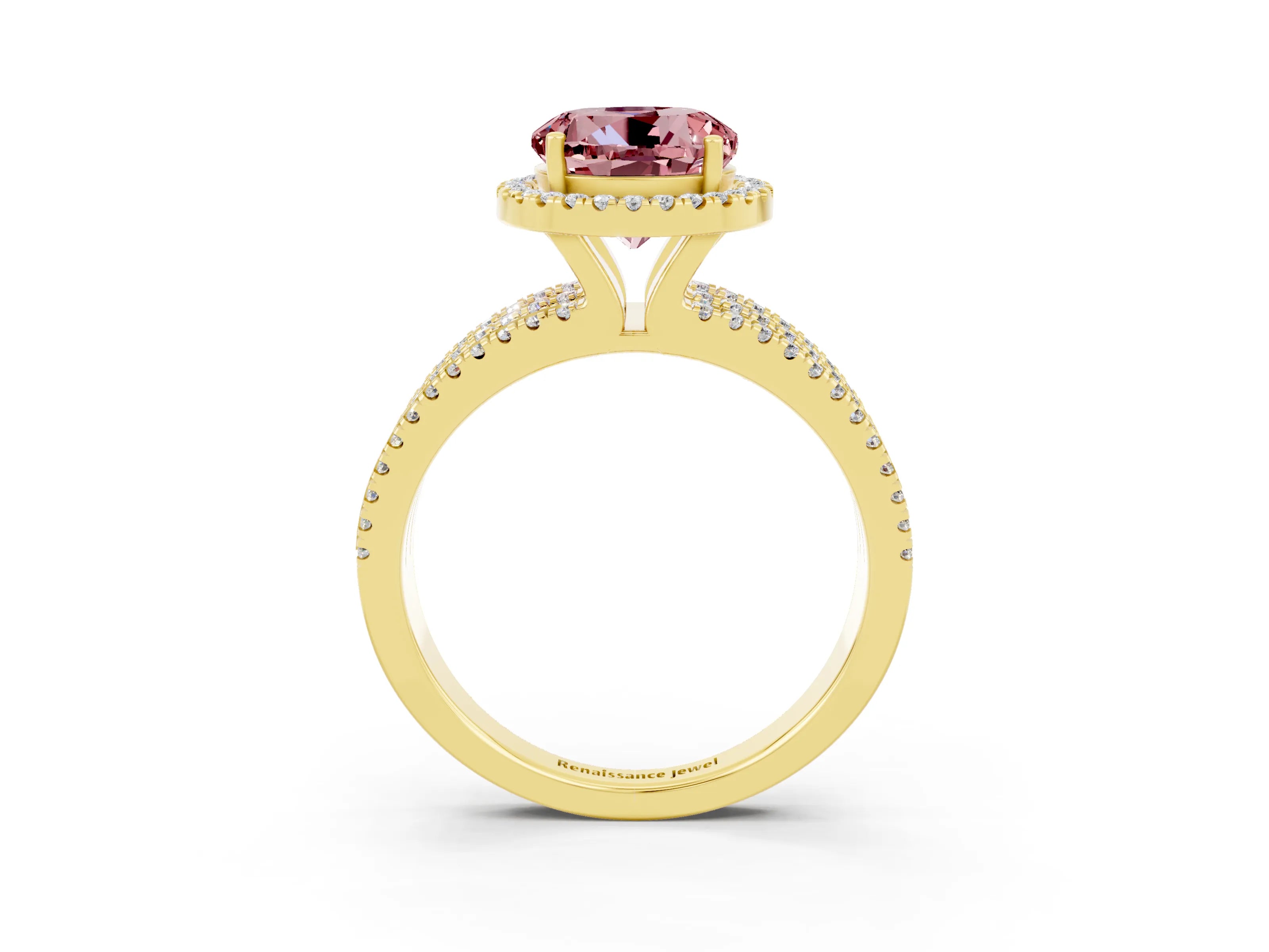 Yellow gold {shape_name} Morganite Halo Engagement Ring with Split Shank and Four-Prong Setting_3