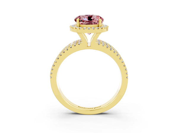 Yellow gold Round Cut Morganite Halo Engagement Ring with Split Shank and Four-Prong Setting