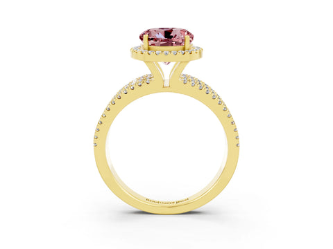 Yellow gold {shape_name} Morganite Halo Engagement Ring with Split Shank and Four-Prong Setting_3
