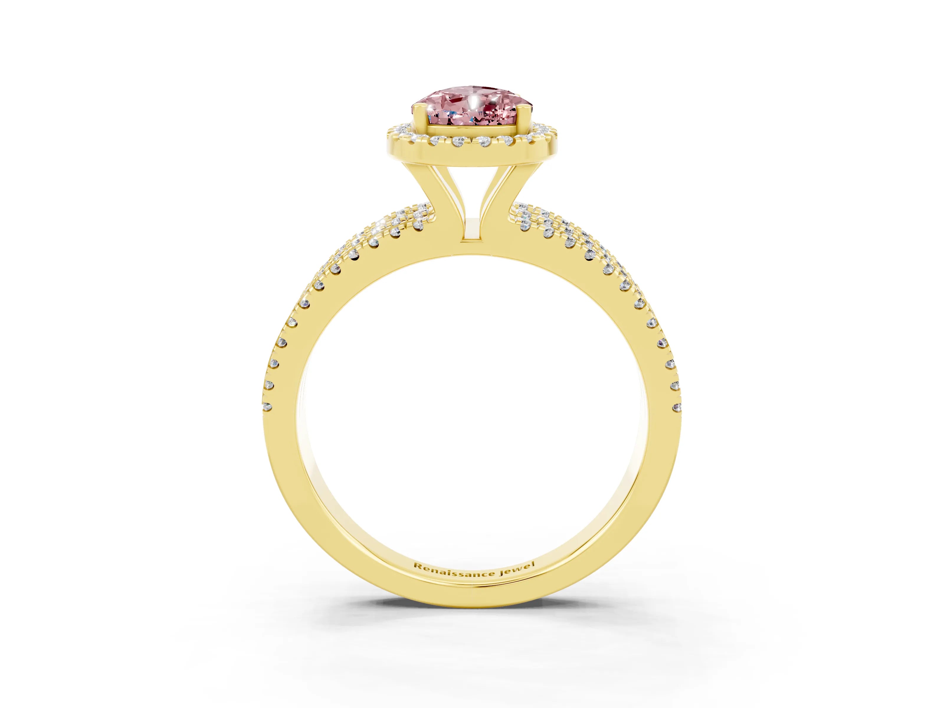 Yellow gold {shape_name} Morganite Halo Engagement Ring with Split Shank and Four-Prong Setting_3